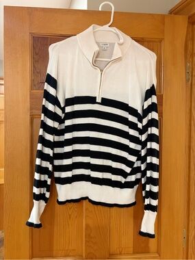J. Crew Factory Black and White Striped Half-Zip Sweater